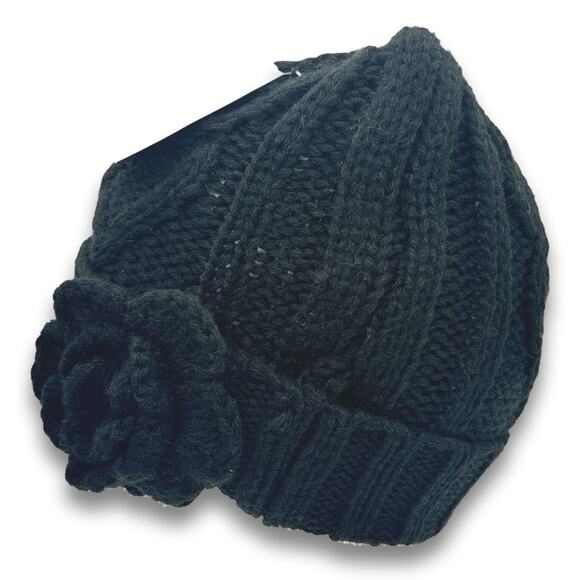Black Thick Warm Knit Beanie Long Cuffed With Flower Accent Fall Winter Snow Hat - Picture 3 of 7